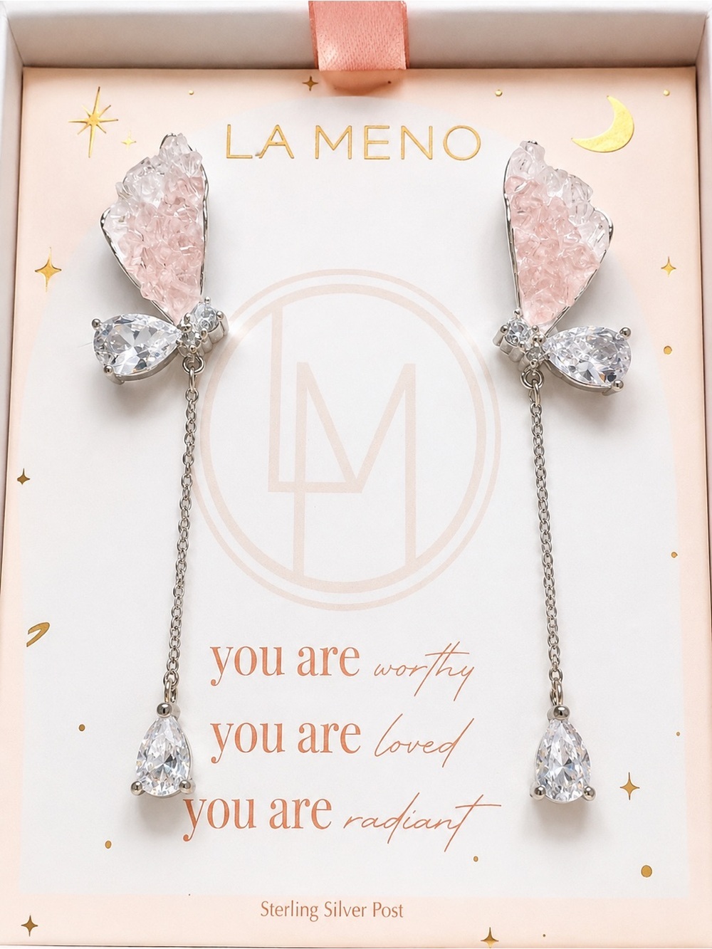 LA MENO Pastel Pink Druzy Crystal Butterfly Dangle Earrings Sterling Silver - Picture 2 of 2